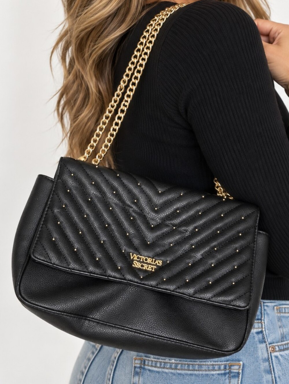 Victoria’s Secret Black Studded V-Quilt Shoulder Bag Gold Chain Purse Medium